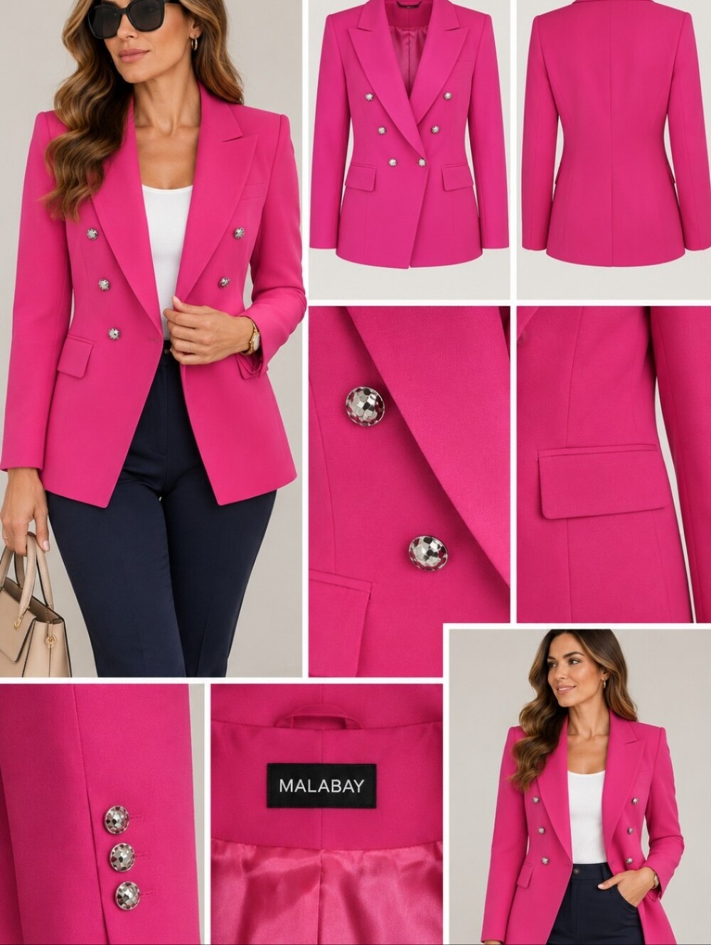 Women's Hot Pink Double-Breasted Blazer Jacket